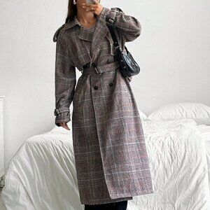 Multicolor Elegant Women's Long Sleeve Open-Front Brown Plaid Woven Trench Coat